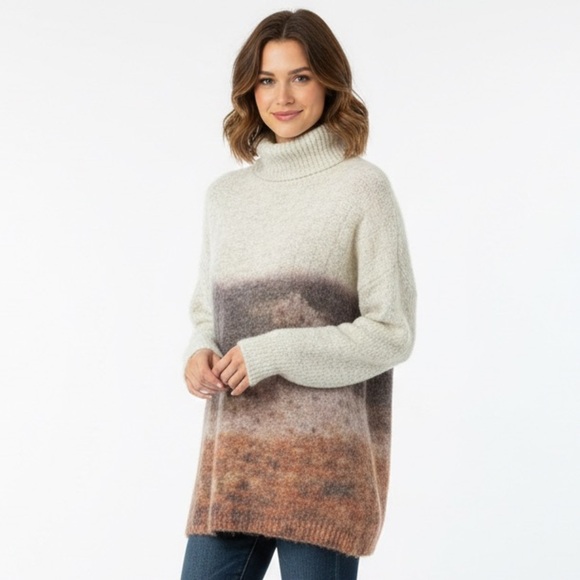 Sweaters - Bohemian Abstract Mountain Landscape Turtleneck Pullover Muted Earthy Tones XL